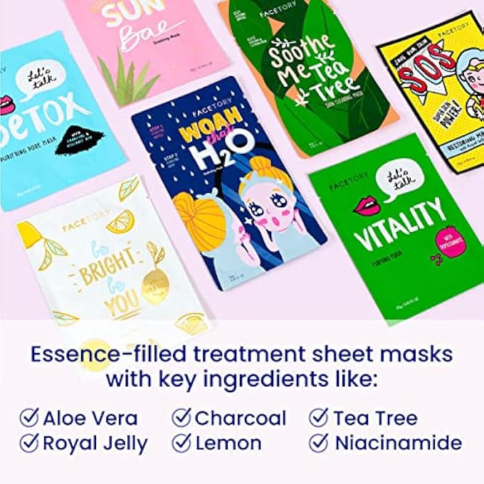 FACETORY BEST OF SEVEN FACIAL MASKS COLLECTION - HYDRATE, RADIANCE BOOST, SOOTHE, REVITALIZE, NOURISH, PURIFY SKIN - FOR ALL SKIN TYPES, VARIETY PACK OF 7 SHEET MASKS - Image 2